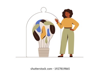 La mujer negra encuentra pensamiento creativo y lo protege. Feliz empresaria africana crece su idea de negocios con seguridad. Concepto de derechos de autor y marca comercial. Ilustración vectorial plana