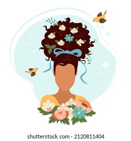 Black woman with flowers in her hair and birds. Spring holiday vector illustration. Hand drawn graceful romantic girl.