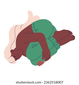 Black woman flying in dream. Girl lying in weightlessness, hugs her legs, hands on knees. People curl up in zero gravity, relax in flight. Flat isolated vector illustration in white background