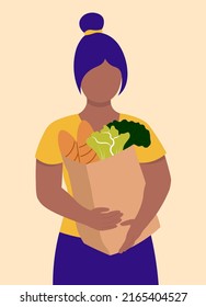 Black Woman With Food Bag Concept Vector Illustration In Flat Style