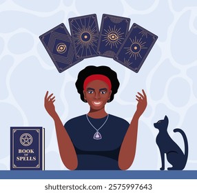 Black woman fortune teller character predicts fate at table with tarot cards.