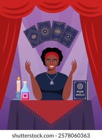 Black woman fortune teller character predicts fate at table with tarot cards.