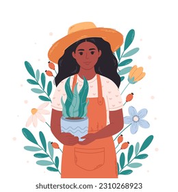 Black woman gardener with potted house plant. Gardener, florist, farmer, botanics, seller in a flower shop. Vector illustration in flat style