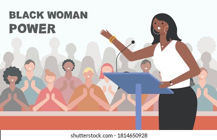 A Black Woman Is Giving A Powerful Speech In Front Of Many People. The Audience Is Clapping. Flat Design Style Minimal Vector Illustration.