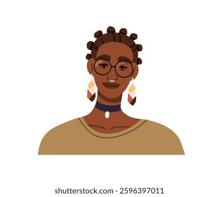 Black woman in glasses, with bantu knots hairstyle. African American girl in earrings, choker, eyewear, afro hairdo, fashion hair style. Flat vector illustration isolated on white background