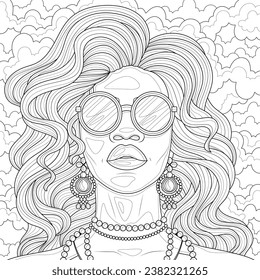 Black woman in glasses and jewelry.Coloring book antistress for children and adults. Illustration isolated on white background.Zen-tangle style. Hand draw