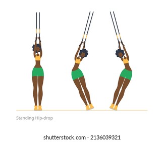 A black woman goes in for sports. Muscle stretching exercise. Classes with sports equipment. Flat vector illustration. Eps10