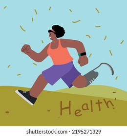A black woman goes in for sports. Vector drawing of a person with a disability. A woman with a prosthetic leg leads an active lifestyle