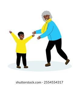 A black woman, a grandmother, came to visit her grandson. An elderly woman spends time with her grandson. Vector illustration on a white background.