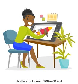 A black woman graphic designer or freelance artist works using a pen and touch screen at the office desk. Computer and web design concept. Vector cartoon illustration isolated on white background.