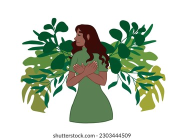 Black woman in green dress. She has plants behind her that mimic wings. Vector illustration isolated on white background.