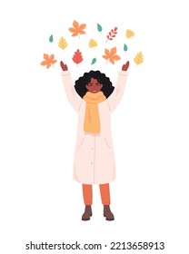 Black woman greeting autumn season. Happy woman playing with autumn foliage. Hello autumn. Hand drawn vector illustration