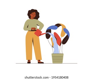 Black woman growing and watering business idea. African American female entrepreneur cares about her eco-green project. Corporate Social Responsibility concept. Vector illustration