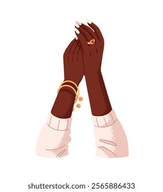 Black woman hands up and clapping. Female African American arms applauding, greeting. Happy applause to show support, gratitude, congratulate. Flat isolated vector illustration on white background