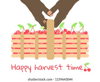 Black woman hands holding a basket of fresh cherries. Happy harvest time. Vector illustration. Flat style design.