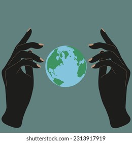 Black Woman Hands in retro styled with Earth between them. Metaphor of peace and world harmony. World Earth Day concept. Vector illustration.