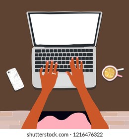 Black woman hands writing working on laptop with coffee cup and smartphone on table