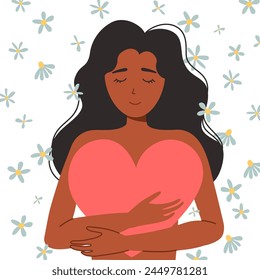 Black Woman happy, body positive, self love. A woman hugs a big heart. Vector illustration