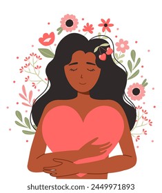 Black Woman happy, body positive, self love. A woman hugs a big heart. Vector illustration