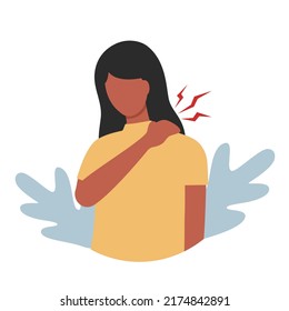 Black woman has neck and shoulder pain symptom in flat design on white background. Bone or muscle problem. Office syndrome.