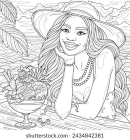 Black woman in a hat on the beach by the sea eating ice cream.Coloring book antistress for children and adults. Illustration isolated on white background. Hand draw