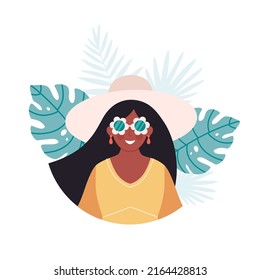 Black woman in hat and retro glasses on tropical leaves background. Hello summer greeting card. Summertime, vacation. Hand drawn vector illustration