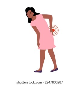 Black woman having low back pain in flat design on white background. Backache symptom. Muscle or bone problem.