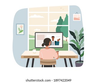 Black woman having online meeting with colleague at home office. Flat illustration, concept of video conferencing, work from home and freelancing.