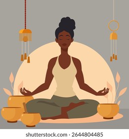 Black woman having a sound bath with Tibetan singing bowls for stress management or anxiety relief. African American person practicing self care with meditation for mindfulness and good mental health