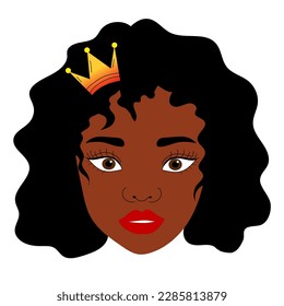 Black woman head with gold crown. Vector illustration of a black girl queen with curly hair. Poster, postcard, avatar.