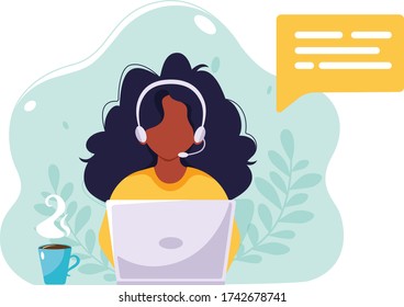 Black woman with headphones and microphone working on laptop. Customer service, assistance, support, call center concept. Vector illustration in flat style.