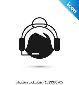Black Woman with a headset icon isolated on white background. Support operator in touch. Concept for call center, client support service.  Vector Illustration