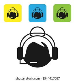 Black Woman with a headset icon isolated on white background. Support operator in touch. Concept for call center, client support service. Set of colorful square icon buttons. Vector Illustration