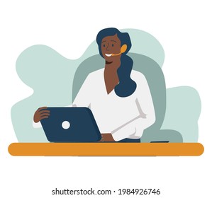Black woman with a headset is working at the computer in the call center. African female works in the support department. Online communication, hotline. Vector illustration
