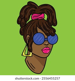 A black woman with her dreadlocks in a ponytail. She has on blue sunglasses. She has pink lips.