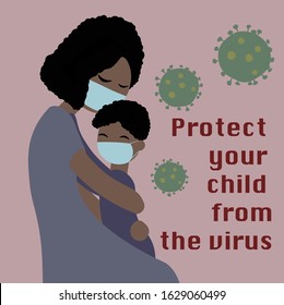 

Black woman and her son in medical masks are hugging. Protect yourself and your baby from the virus.  China epidemic coronavirus concept. 