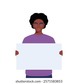 Black Woman holding blank protesting placard. Person with empty banner. Banner, manifesting activists demonstrating sign. Street demonstration concept. Political revolution, demonstrate. Vector