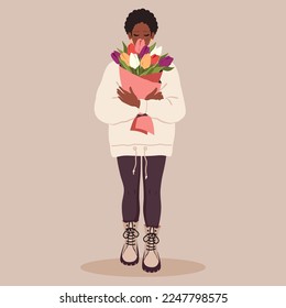 Mujer negra sosteniendo ramas de flores florecientes. Niña afroamericana con ramo. Personaje femenino en ropa deportiva. Concepto de regalo para el Día de la Mujer, 8 de marzo, Día de la Madre. Ilustración plana vectorial 