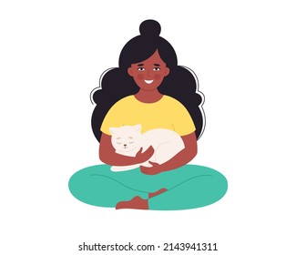Black woman holding cat. Woman with pet. Happy pet owner. Hand drawn vector illustration
