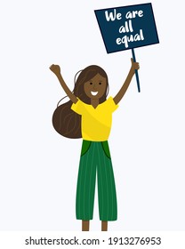 Black woman holding charts for black history month. Dark skin girl holding poster with inscription We are all equal. Together African people Celebrate Black history month.