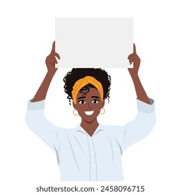 Black woman holding empty blank white sign above her head. Flat vector illustration isolated on white background