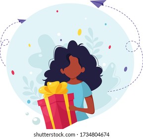 Black Woman Holding A Gift. Woman With A Gift Box. Gift For The Holiday. Vector Illustration In A Flat Style.