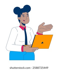 Black woman holding laptop and presenting 2D cartoon character. African american female leader notebook in business attire isolated person flat vector on white background. Spot illustration colorful