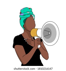 A black woman holding a megaphone for protesting for their rights Black live matters. Social poster. Vector illustration.