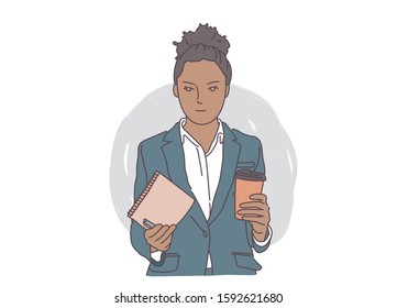 A black woman holding a notebook and coffee. young business woman. Hand drawing.