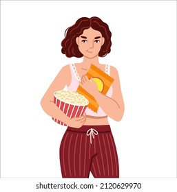 Black woman holding potato chips and big bucket of popcorn. Food craving, increased appetite. Flat cartoon character. Hand drawn vector illustration.