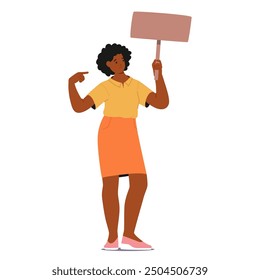 Black Woman Holding A Protest Sign, Pointing At Herself To Raise Awareness About Racism And Workplace Discrimination. Cartoon Vector Concept Of Social Justice, Civil Rights, Equality And Activism