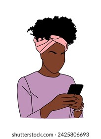 Black woman holding, using mobile phone isolated.