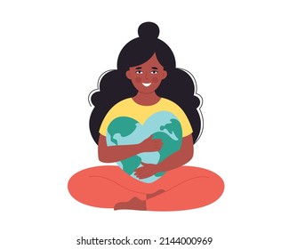 Black woman hugging Earth globe. Earth Day, saving planet, nature protect, ecological awareness concept. Hand drawn vector illustration