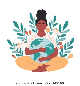 Black woman hugging Earth globe. Earth Day, saving planet, nature protect, ecological awareness. Happy Earth Day. Hand drawn vector illustration